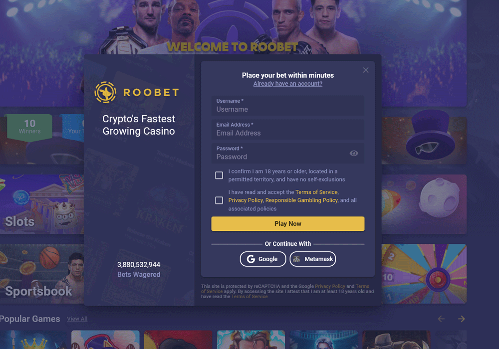 Roobet sign up and log